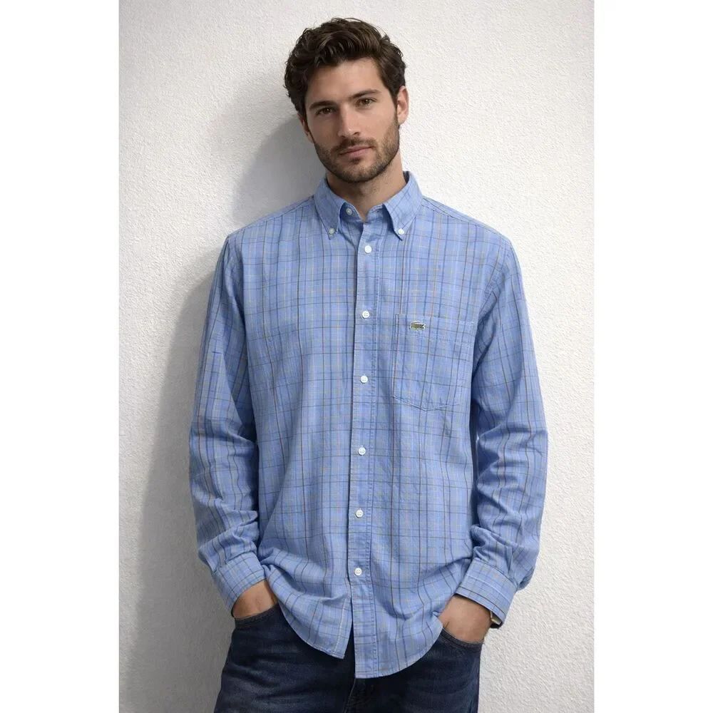 Lacoste Blue Check Button Down Shirt Size EU 42 /US L Cotton Long Sleeve Classic